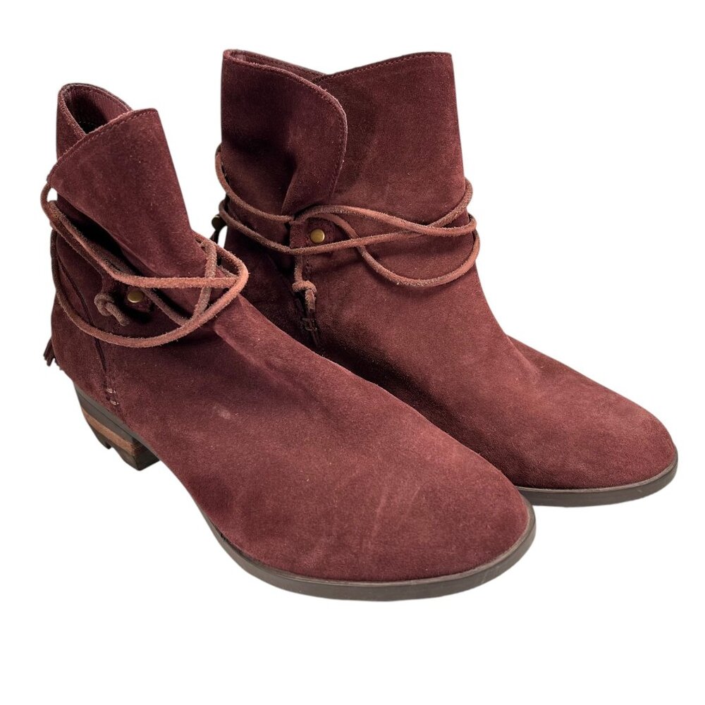 Sorel Womens Burgundy Suede Ankle Boots Wraparound Tassel Laces Low Block Heel - Picture 4 of 16